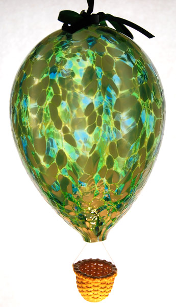Lg. Green White and Blue Blown Glass Hot Air Balloon with Wicker
