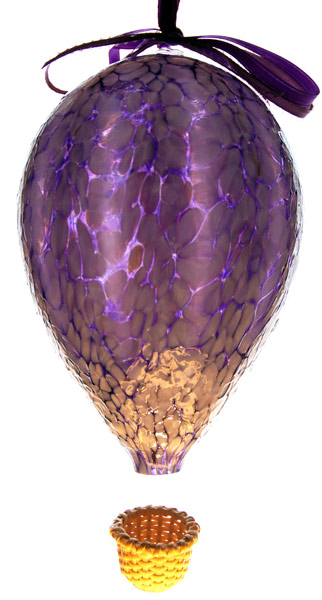 Lg. Purple Blown Glass Hot Air Balloon with Wicker Basket