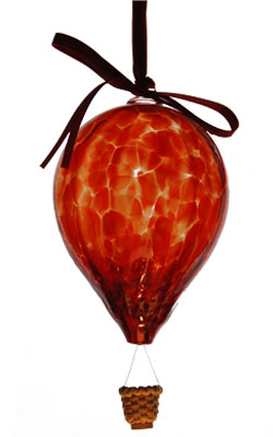 Sm. 2 Color Red Blown Glass Hot Air Balloon with Wicker Basket