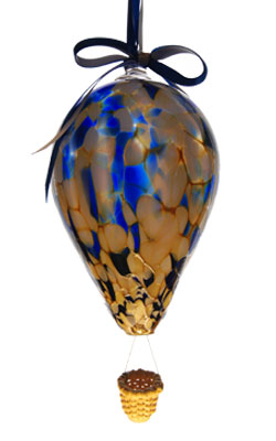 Sm. Blue & Gold Blown Glass Hot Air Balloon with Wicker Basket