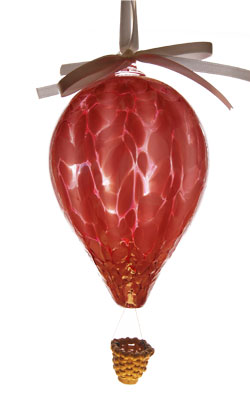 Sm. Pink Blown Glass Hot Air Balloon with Wicker Basket
