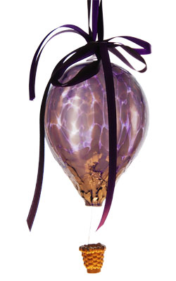 Sm. Purple Blown Glass Hot Air Balloon with Wicker Basket